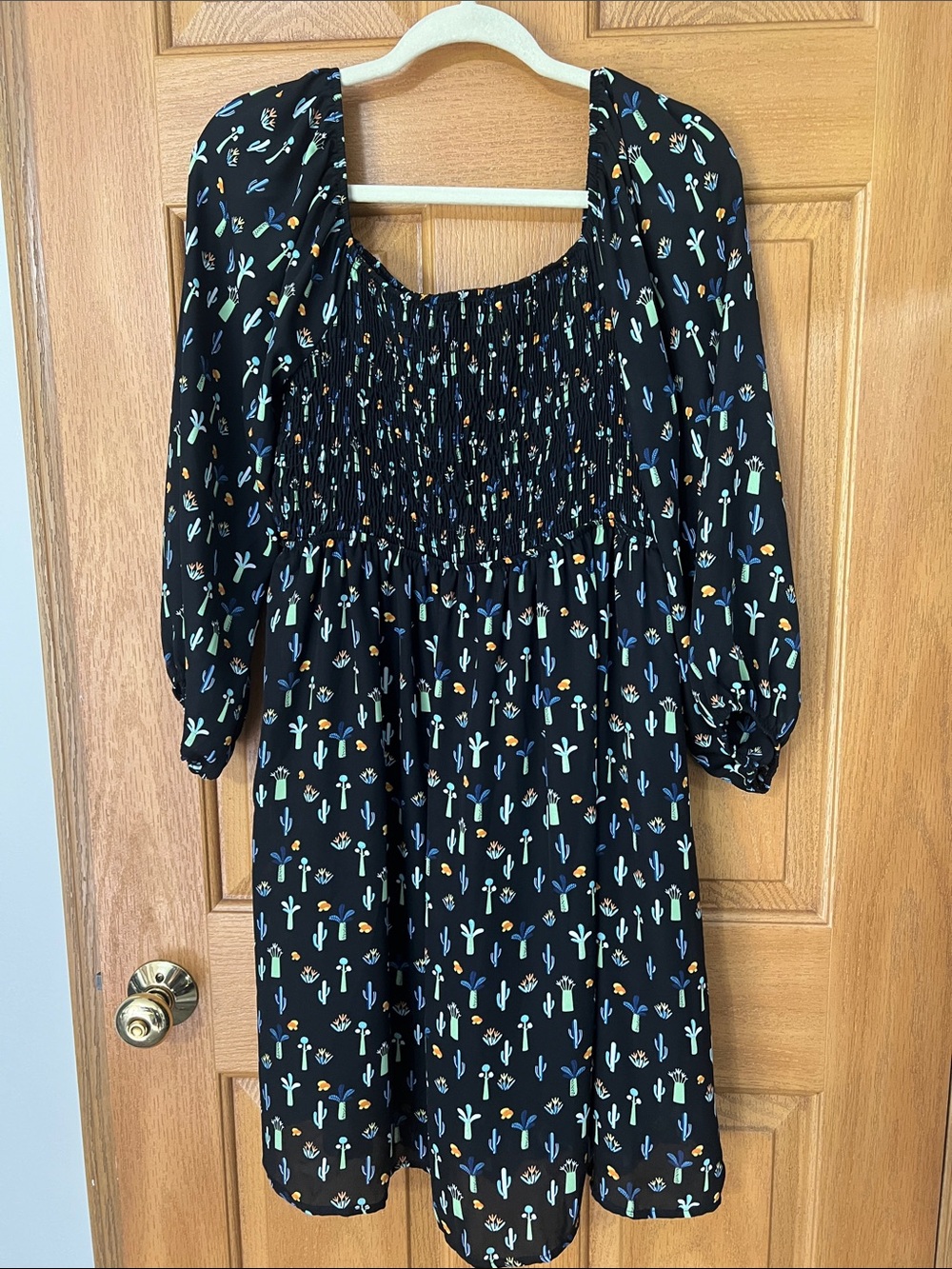 white birch Black Smocked Cactus-Print Puff Sleeve Dress